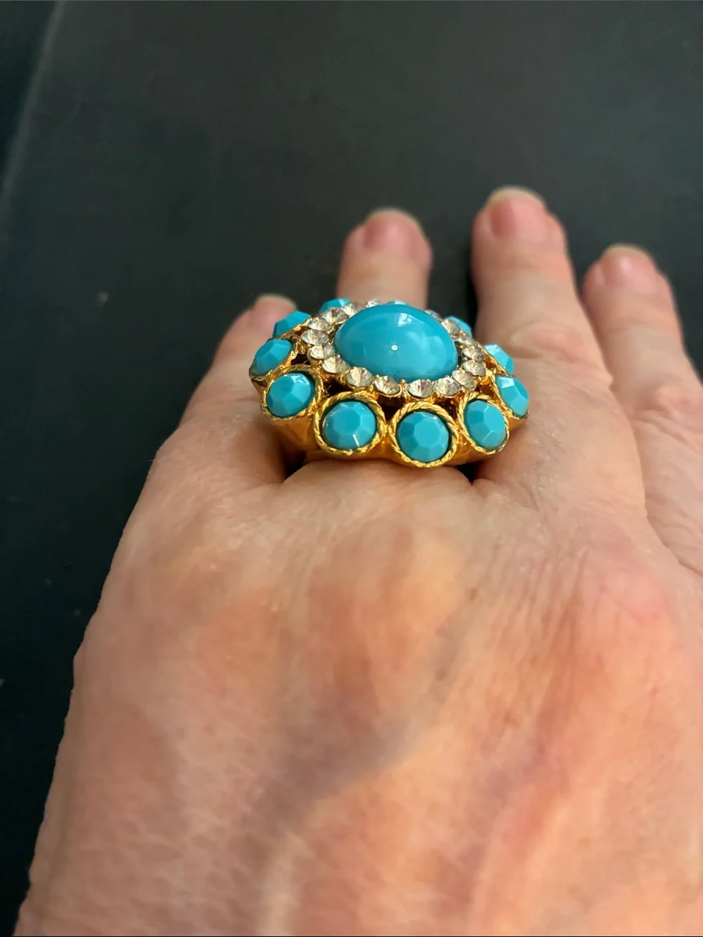 Turquoise Cabochon Statement Ring with Surrounding Clear Crystals
